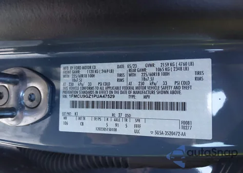 2023 Ford Escape Active из США, поврежденный, VIN 1FMCU9GZ1PUA47529